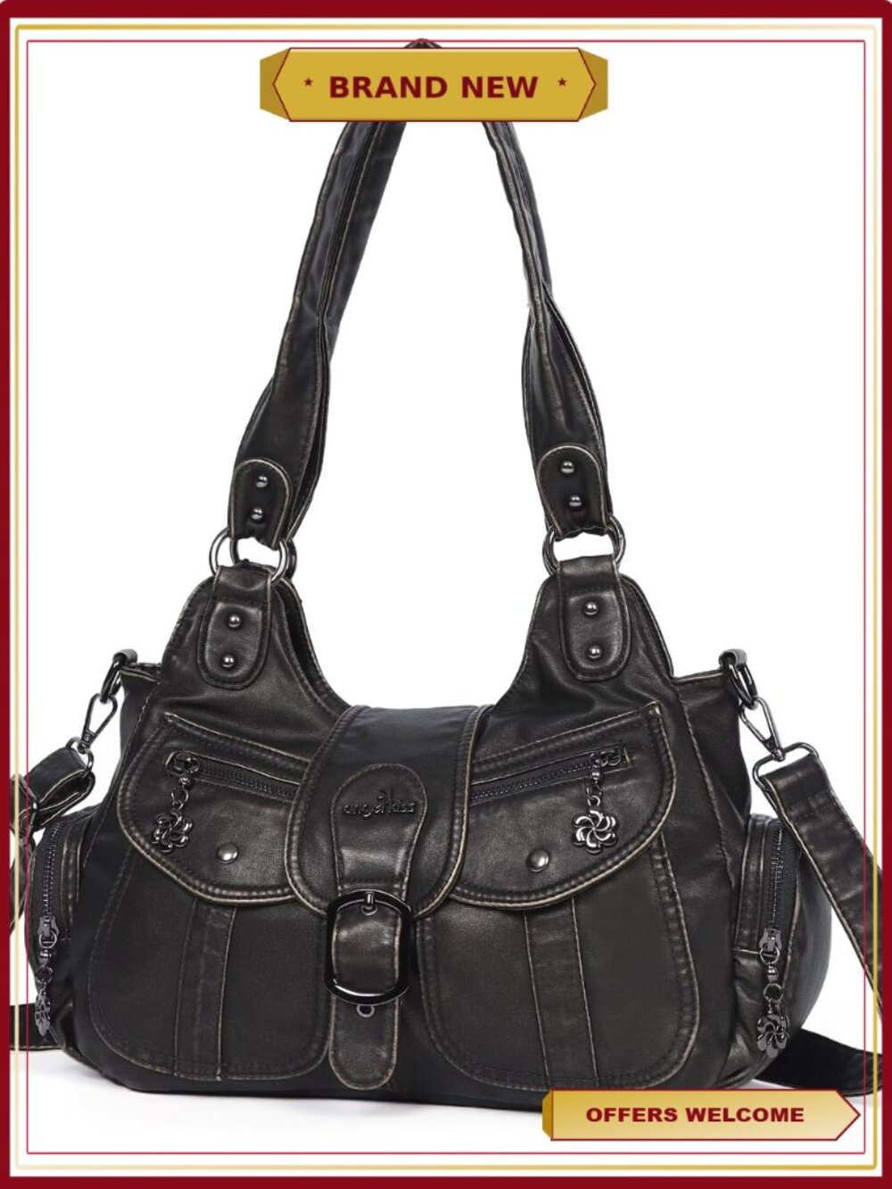 Vegan Leather Hobo Shoulder Bag Roomy Tote with Crossbody Strap